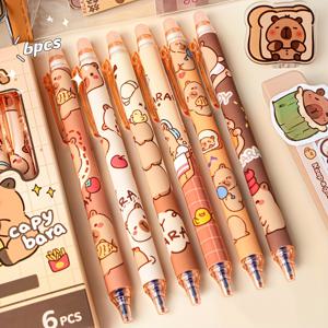 TEMU 6pcs 귀여운 카피바라 디자인 지워지는 젤 펜, 빠른 건조 청색 잉크, 부드러운 글쓰기 용 0.5mm 중간 팁 - 재미있는 동물 일러스트레이션, 학생 및 사무실 사용을 위한 리트렉터블 플라스틱 롤러볼 펜, 사무용품 | 재미있는 디자인 | 부드러운 글쓰기 팁, 카피바라 액세서리