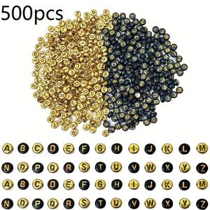TEMU 500개 아크릴 알파벳 비즈, DIY 주얼리 만들기 및 공예용 블랙 & 골든 A-Z 문자 비즈 어소트먼트, 주얼리 만들기용 비즈