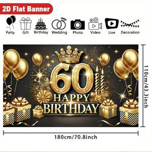 TEMU RIMBOL 60번째 생일 파티 배경 - 왕관과 풍선이 있는 화려한 골든 글리터 폴리에스터 배너, 멋진 축하를 위한 완벽한 제품, 실내/외부 사용을 위한 2D 평면 배너, 생일 파티 장식