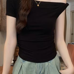 TEMU 여성용 섹시한 오프숄더 비대칭 넥 반팔 탑 - 슬림핏 스트레치 셔츠, 봄/여름용 블랙 우아한 캐주얼 드레스블라우스, 여름 패션, 원 숄더 스타일, 고급스러운 소재