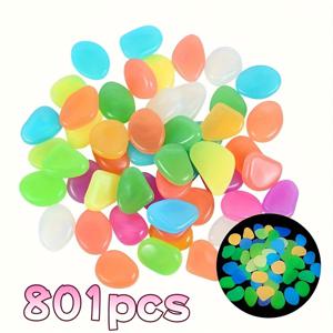 TEMU 801개 야광 자갈 세트 - 실내외 장식용 생동감 있는 파란색 발광 돌, 정원 액센트 및 조명된 통로