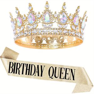TEMU 골든 티아라와 사시가 있는 라인스톤 생일 여왕 왕관 키트 - 여성용 반짝이는 파티 액세서리, 결혼식, 브라이덜 샤워, 프롬에 완벽한 생일 파티 장식