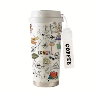 TEMU 530ml 비행기 지도 디자인 여행 머그컵 - 누수 방지 뚜껑 & 스트랩 포함, 뜨겁거나 차가운 음료 몇 시간 유지, 휴대용 보온병 (사무실/헬스장/여행용), 발렌타인데이/어머니의 날/교사 선물 - 베이지 & 브라운 컵, 스타일리시한 음료 용품, 내구성 있는 재질, 재사용 가능한 음료 용품, 선물 쇼퍼