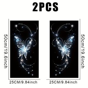 TEMU 2개 세트 반짝이는 파란색 & 흰색 나비 자동차 B-필러 데칼 - 자체 접착 내구성 비닐 스티커, DIY 차량 외부 장식용 판타지 테마 보호 필름