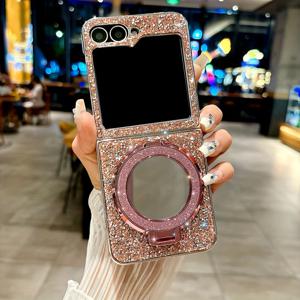 TEMU Opulent Bling Rhinestone 코팅된 Glitter Mirror 자석 스탠드 폰 케이스 for galaxy Z Flip 6 5 4 3 Zflip 7 5G 드롭-저항성 보호 커버|폰케이스