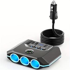 TEMU 120W 1pc ABS 재질 자동차 충전기 - 광범위한 전압 디자인 (12-24V) USB 3.0 및 TYPE-C 포트 및 3 홀 독립 스위치 for iphone 16 15 Pro Max 14, for SamSung S24 용 배터리 전압 표시 기능