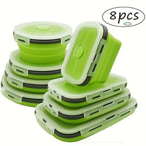 TEMU 8pcs 세트 접이식 실리콘 벤토 상자, 뚜껑, 전자레인지 안전, 원형, 수동, 내구성, 휴대용, 고온 방지 식품 보관 용기, 캠핑, 학교로 돌아가기용 샐러드 및 여행용 그릇