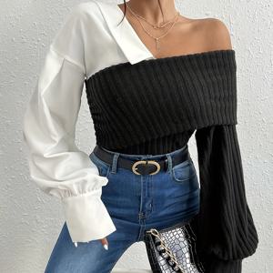 TEMU 우아한 한 어깨 패치워크 니트 탑, 폴리에스터 레온 스판덱스 블렌드, 어른 여성용 스트랩리스 캐주얼 탑, 가을/겨울 시즌