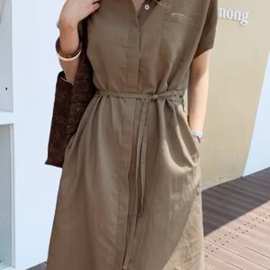 TEMU 여성용 캐주얼 폴리에스테르 셔팅 드레스, 라펠 칼라, 단색, 올시즌, 직조, 루즈핏, 싱글브레스트, 타이 웨스트 및 포켓, 패션적인 아웃도어 미디 드레스|여성원피스|드레스
