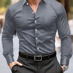 TEMU 남성용 연한 파랑 & 흰색 줄무늬 긴팔 셔츠 - 클래식 포인트 칼라 비즈니스 캐주얼 셔츠, 사무실 및 사교 모임용 레귤러 핏 버튼업, 봄/가을 논스트레치 원단, 손세탁 전용, 신년용 우아한 셔츠, 정장 이벤트 의상, 세련된 외모, 내구성 있는 드레스웨어|오피스룩