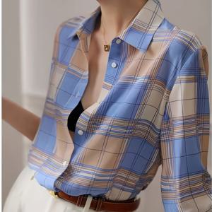 TEMU 여성용 빈티지 체크무늬 버튼업 셔츠 - 긴 소매, 연한 파랑 & 흰색 체크 디자인, 폴리에스터, 세탁기 사용 가능, 편안한 핏, 봄 & 가을에 완벽
