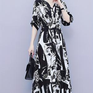 TEMU 벨트가 있는 프린트 미드리프 드레스 - V넥, 추상 프린트, 랜턴 슬리브, 블랙 & 화이트 디자인 여성용 - 봄, 여름, 가을에 완벽한 다용도 패션 | V넥 드레스 | 비탄력 원단