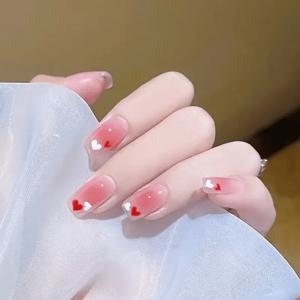 TEMU 24개입 화이트 하트 디자인 반짝이는 핑크 프레스온 네일 - 숏 아몬드형 아크릴 인조 손톱, 풀 커버리지 접착식 광택 마감, 여성용 귀여운 짧은 네일, 뷰티 액세서리, 장식용 프레손