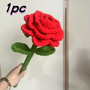 TEMU 1개 수제 크로셰 장미 부케 - 생기발랄한 빨간 장미와 녹색 잎, 배터리 필요 없음, 크리스마스 결혼식 졸업 선물, 홈 데코 파티 용품, 자연스러운 느낌의 디테일 크로셰 작업