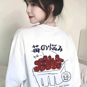 TEMU 여성 캐주얼 루즈핏 반팔 티셔츠 - 일본어 문자 및 만화 딸기 프린트, 봄/여름용 통기성 라운드 넥 탑, 편안한 의상, 캐주얼 여름용 의류 | 편안한 핏 티셔츠 | 편안한 핏
