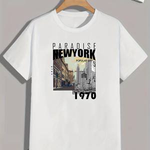 TEMU Men's NEW YORK 1970 프린트 라운드 넥 반팔 티셔츠, 패션 캐주얼 그래픽 티, 여름용 루웨어 파자마 탑