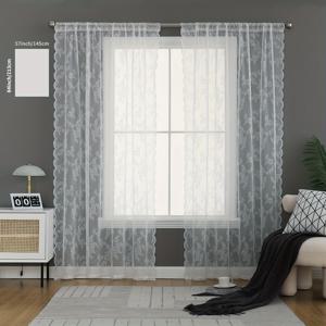 TEMU 2pcs 우아한 꽃무늬 레이스 시어 커튼 - 로드 포켓 디자인, 폴리에스터 원단, 조명 필터링, 기계 세탁 가능, 침실 및 거실 장식용 커튼, 거실용 커튼