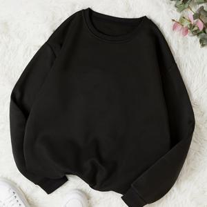 TEMU 여성용 플리스 안감 두꺼운 라운드넥 스웨트셔츠 - 오버사이즈 캐주얼 풀오버 드롭 숄더 소매, 단색 긴팔 탑 가을 겨울용, 세탁기 사용 가능, 귀여운 스웨트셔츠, 편안한 의류, 릴랙스 핏, 깔끔한 스티칭