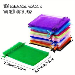 TEMU 100pcs LuxeCraft 다양한 색상 오르간자 끈끈 선물 가방 - 보석, 파티 선물, 크리스마스, 결혼식, 비누, 메이크업을 위한 다양한 새틴 파우치 - 10 가지 변형.