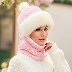 TEMU 여성용 플러시 플리스 겨울 발라클라바 넥 게이터 - 신축성 있는 경량 보온 페이스 마스크 & 귀마개, 소프트 핑크 솔리드 컬러 사이클링 및 야외 스포츠용, 크리스마스 액세서리, 휴일 패션 의류, 편안한 스트레치 원단