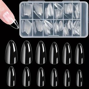 TEMU 240pcs 아몬드 모양의 투명한 풀 커버 네일 팁, 중간 길이, 광택 마감, 단색, 튼튼한 ABS 소재, 오래가는 프레스 온 네일 세트|네일팁