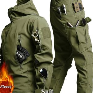 TEMU 2pcs 남성 겨울 소프트 셸 재킷 및 바지 세트 - , 하이킹, 스키, 낚시 및 사이클링을 위한 내구성 - 올리브 그린, 플리스 따뜻함, 라쉬 세트, 하이킹 장비 | 올리브 그린 재킷 | 소프트 셸 재킷