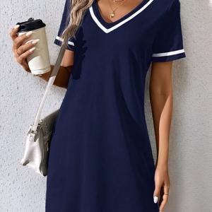 TEMU 여성용 캐주얼 V넥 컬러블록 벨트 드레스 - 100% 폴리에스터, 세탁기 사용 가능, 핏감 좋은 실루엣, 그린 & 화이트 봄 여름 가을