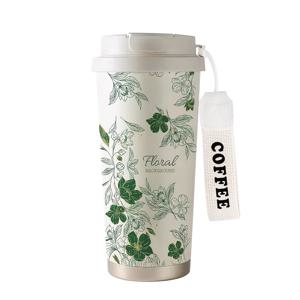 TEMU 530ml/17.7oz 그린 플로럴 패턴 보온 텀블러 - 이중벽 구조, 핫&콜드 음료용 여행 컵, 휴대용 손잡이 포함, 우아한 베이지 & 그린 플로랄 디자인 (발렌타인데이, 어버이날, 생일 선물), 사무실 및 헬스장용, 내구성 강화, 스타일리시 음료 용기
