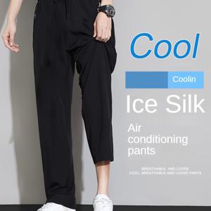 TEMU 남성용 여름 쿨 아이스 실키 레그 캐주얼 팬츠, 블랙, 신축성 있는 허리밴드와 끈 조절 가능, 지퍼 포켓, 편안하고 통기성이 좋은 캐주얼 의상용