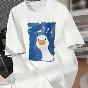 TEMU 플러스 사이즈 여성용 귀여운 오리 캐릭터 물음표 그래픽 티셔츠 - 가벼운 반팔 크루 넥 캐주얼 탑, 봄 여름용 세탁기 사용 가능 블루 브러시스트로크 디자인, 비침 방지 원단, 플레이풀 프린트 레이디스 티셔츠