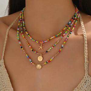 TEMU 3pcs, 여성 패션 차커 목걸이, 여름 해변 휴가 황금 껍질 별어미 펜던트 씨앗 비즈 비즈 멀티 목걸이 세트, 유리 재질, 여름 해변 휴가 банкेट, 씨앗 비즈 목걸이