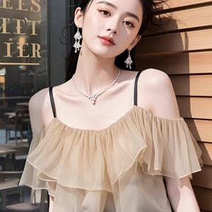 TEMU 올해의 트렌디한 카키색 캐미솔 블라우스, 우아한 오프숄더 프렌치 스타일 여름 상의