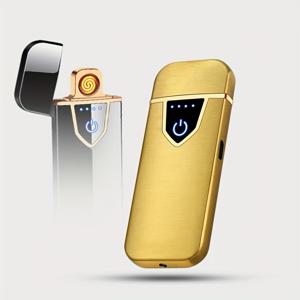 TEMU 1개 스마트 지문 센서 남성용 방풍 플라즈마 라이터 - USB-C 충전식 초박형 코일 디자인, 터치 점화 및 전원 표시등, 배터리, 세련된 블랙 & 골드 액센트 - 아버지/생일 선물, 터치 점화 라이터, 모던 라이터, 내구성 있는 플라스틱 바디