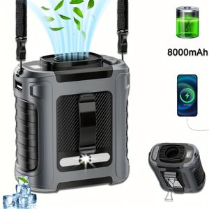 TEMU 휴대용 배터리 충전식 8000mAh 벨트 팬, 목걸이형 강풍 쿨링 5단계 조절 가능, 캠핑 및 야외 등산 건설 현장용 착용 가능한 웨어러블 팬|캠핑선풍기