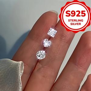 TEMU 6개 세트, 1.5g S925 실버 여성용 합성 지르코니아 하트 & 스퀘어 모양 우아한 귀걸이, 캐주얼 또는 특별한 날을 위한 알러지 없는 패션 액세서리