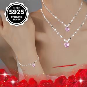 TEMU 3pcs 우아한 925 스털링 실버 핑크 큐빅 합성 지르코니아 하트 펜던트 목걸이 & 팔찌 세트, 발렌타인데이와 어머니날을 위한 완벽한 선물, 사계절 스타일리시 액세서리