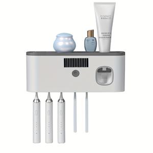 TEMU 1개 자동 치약 디스펜서가 있는 스마트 칫솔 홀더 - 벽걸이형, 5단 수납, 내구성 플라스틱, USB 충전식 배터리, 모던 욕실 정리대 & 홈 데코, 스타일리시 칫솔 거치대 | 튼튼한 플라스틱 칫솔 보관함