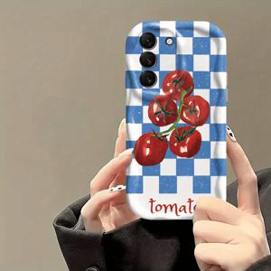 TEMU 블루 토마토 디자인을 특징으로 하는 세련된 폰 케이스, 단단한 화이트 커리 웨이브 프레임이 포함되어 있으며, 삼성 갤럭시 S22, S23 및 A 시리즈와 호환 가능하며, 렌즈 보호 기능을 제공합니다.