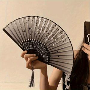 TEMU 태슬이 달린 우아한 레트로 대나무 접이식 팬 - 휴대용 손수건 여름 팬, 여행 및 사진 촬영용 청상무용 팬, 결혼식, 파티, 선물에 적합, 꽃 장식이 있는 흑백 디자인, 파티 액세서리 | 장식용 팬 | 경량 팬, 세 가지 크기에서 사용 가능