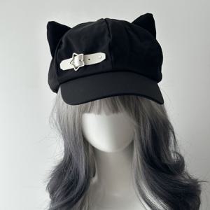TEMU 귀여운 고양이 귀 베레모, 2D 모자, 여성 오타쿠 아웃도어 의상 매칭 모자, 패셔너블 베레모, 학생용 소형 큐트 하트