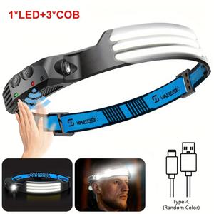 TEMU 유도 LED 헤드램프, Type-C 충전 디스플레이 포함 230° 광각 3가지 조명 모드, 캠핑 및 야외 활동용 무선 센서 헤드라이트, 휴대용 및 사용 간편