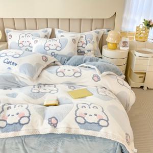 TEMU 3pcs 두꺼운 벨벳 이불 커버 세트 (이불 커버 1개 + 베갯잇 2개, 코어 없음), 만화 귀여운 토끼 프린트 침구 세트, 부드럽고 편안한 따뜻한 가을, 겨울 이불 커버, 침실, 객실용