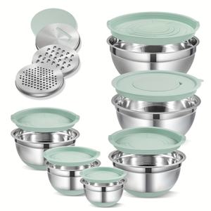 TEMU 15PCS (6PCS 믹싱볼 + 6PCS 뚜껑 + 3PCS 강판) 스테인리스 스틸 미끄럼 방지 실리콘 바닥 밀트 그린 믹싱 볼 세트, 3개의 강판 포함, 중첩 보관 가능한 샐러드 볼 세트, 미끄럼 방지 베이스 주방용 믹싱 볼 및 뚜껑이 있는 보관 용기