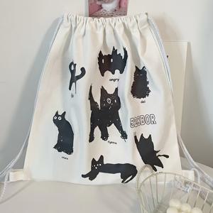 TEMU 여성용 빈티지 고양이 프린트 끈 배낭, 귀여운 만화 동물 캔버스 토트 백, 무작위 프린트, 세척 가능, 안감 없음, 접이식, 검정색 악센트가 있는 흰색, 학생을 위한 세련된 어깨 가방|토트백