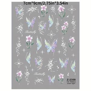 TEMU 5D 엠보싱 네일 아트 스티커 컬렉션 - 자체 접착, 무광택 마감, 핸드, 발, 손톱 관리를 위한 쉘 글리터 꽃 & 나비 디자인, 쉬운 적용 및 장기 착용