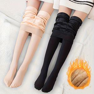 TEMU 2 쌍 두꺼운 니트 폴리에스테르 레깅스, 따뜻하고 열을 흡수하는 오버사이즈 가을/겨울 팬티후즈, 단색, 기계 세척 가능, 95% 폴리에스테르 5% 엘라스탄, 300g/m² 재질 무게