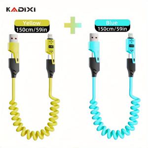 TEMU 65W 다기능 포인원 USB-C 리트랙터블 케이블, PD 초고속 충전 및 데이터 동기화, 실리콘 소재, 멀티포트 충전 표시등 포함, 아이폰, 아이패드, 샤오미, 화웨이, 오포 등 모바일 폰 충전에 적합