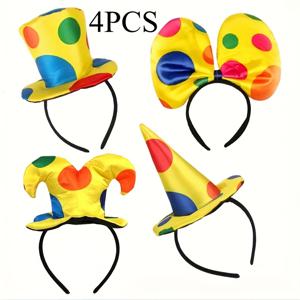 TEMU 4pcs 컬러풀한 클로우 헤드웨어 노란색 컬러된 점 바우 헤어 클리닉 퍼포먼스 프롭스 재미있는 조커 모자 메이크업 파티 장식