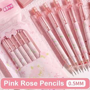 TEMU 5개 귀여운 핑크색 기계식 연필 0.5mm 카툰 장미 기계식 연필, 학생용 캐릭터 연필 남학생 여성 사무용품 (핑크 로즈 5개)|필통
