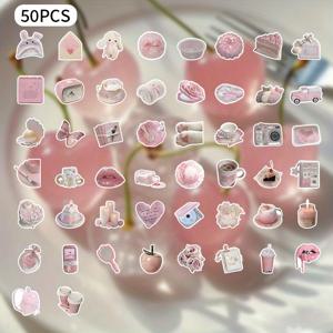 TEMU 50pcs 핑크 엘레강스 스티커 팩 - 비닐, 반가라한 마감, 재사용 가능한 데칼, 노트북, 태블릿, 자동차, 책용 - 다양한 비정형 모양, 봄 & 여름 DIY 장식 세트, 자동차 스티커